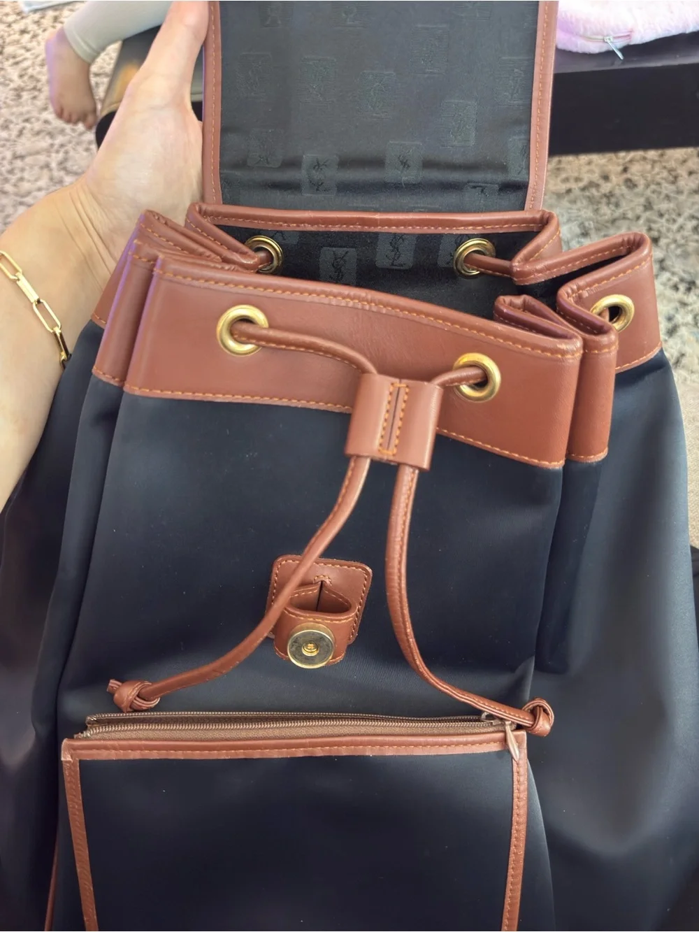 Yves Saint Laurent Navy Blue and Brown Leather-Trim Backpack